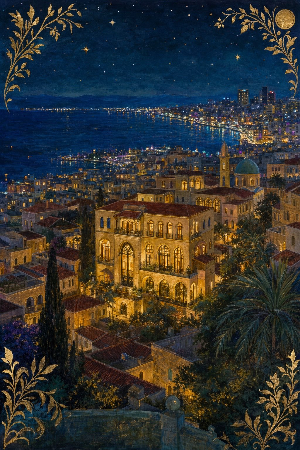 A painting of Beirut's bay at night, the Corniche lit along the water and an old house with three arched windows in gold