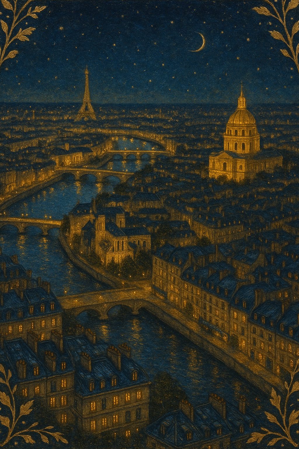 A painting of Paris at night in gold, the Seine and its bridges lit below the dome of the Invalides and the Eiffel Tower