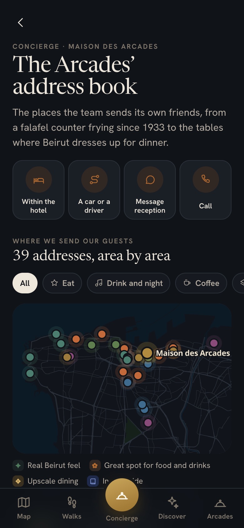 The address book of Maison des Arcades, with its places on a map around the hotel