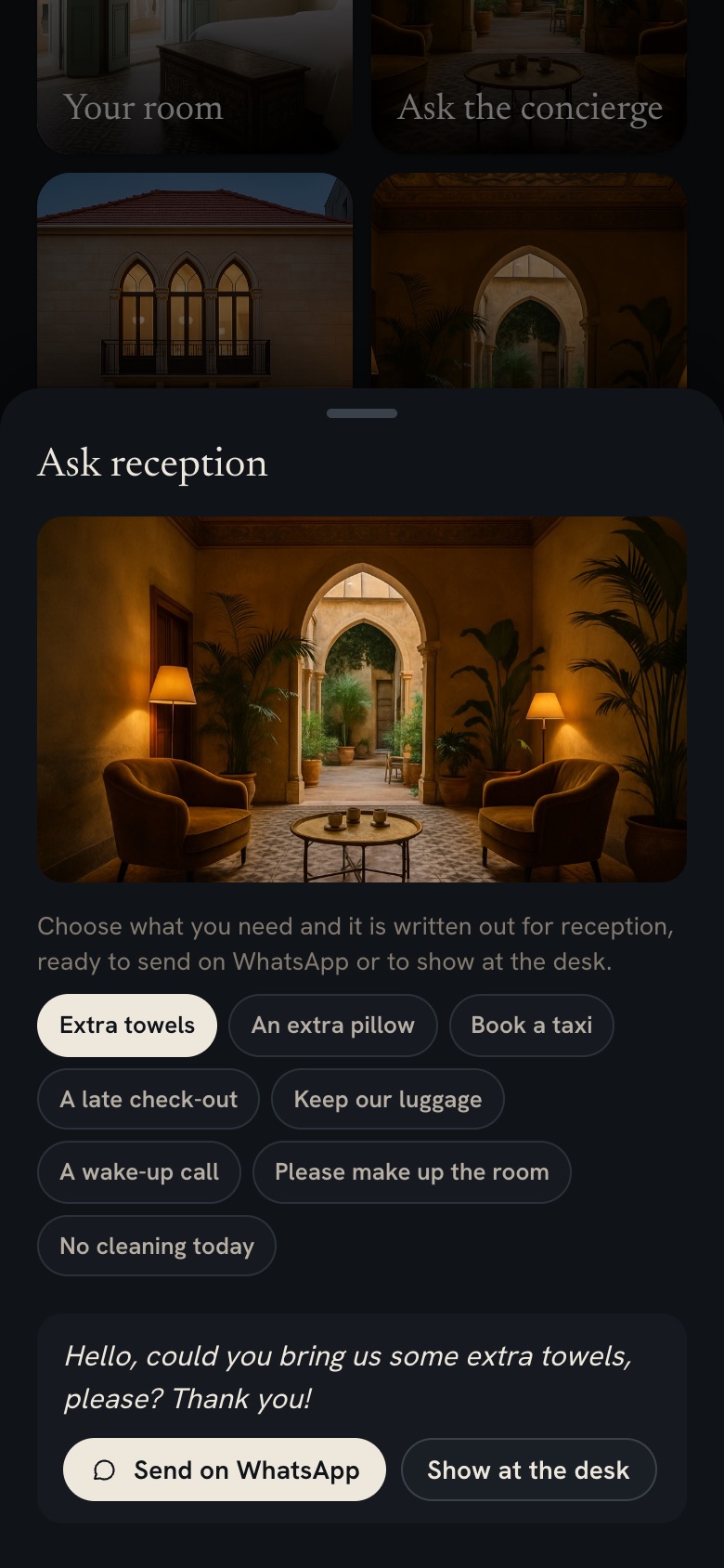 Ask reception, with extra towels chosen and the message ready to send