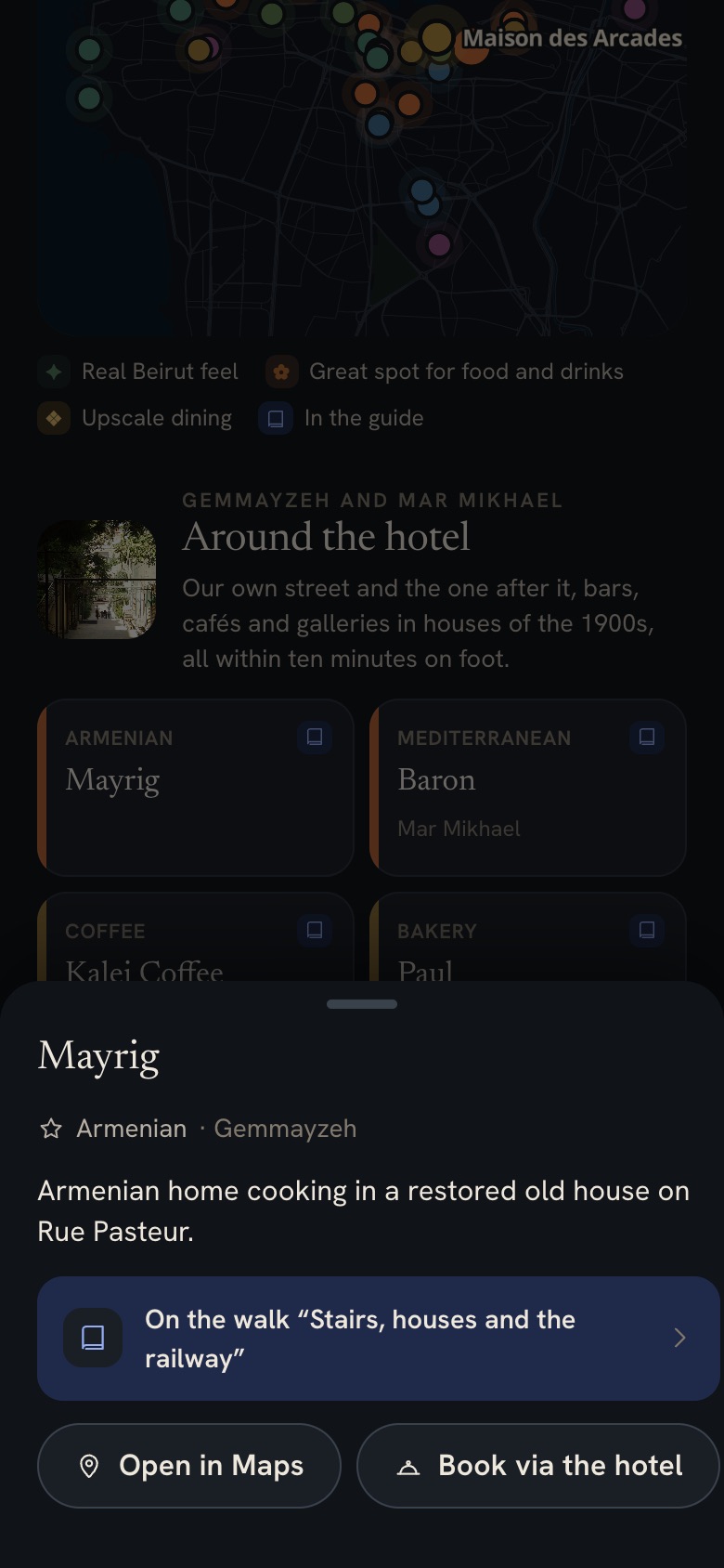 An address in the concierge, with Open in Maps and Book via the hotel