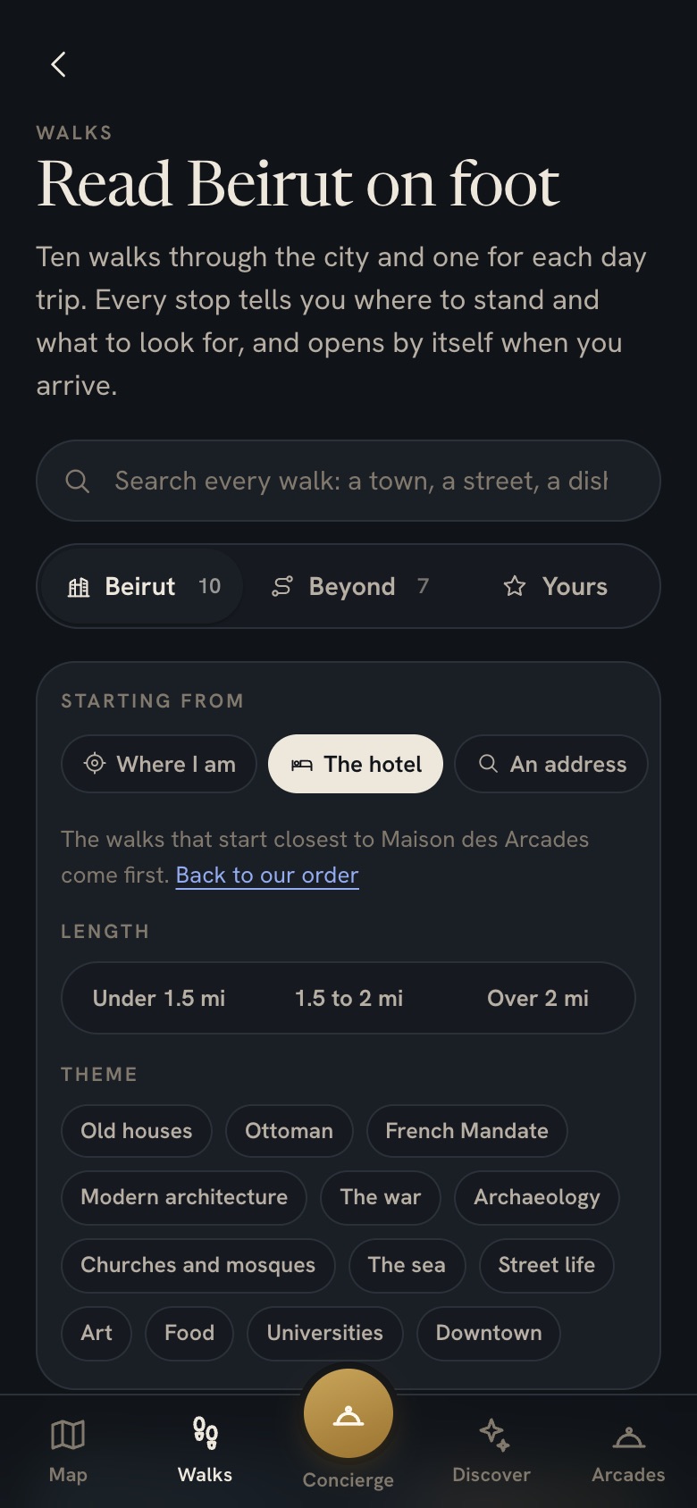 The list of walks, with the walks starting closest to the hotel first