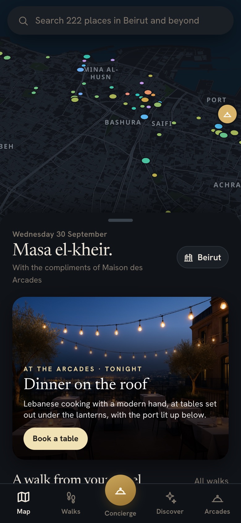The home screen with dinner on the roof tonight, with the compliments of the hotel