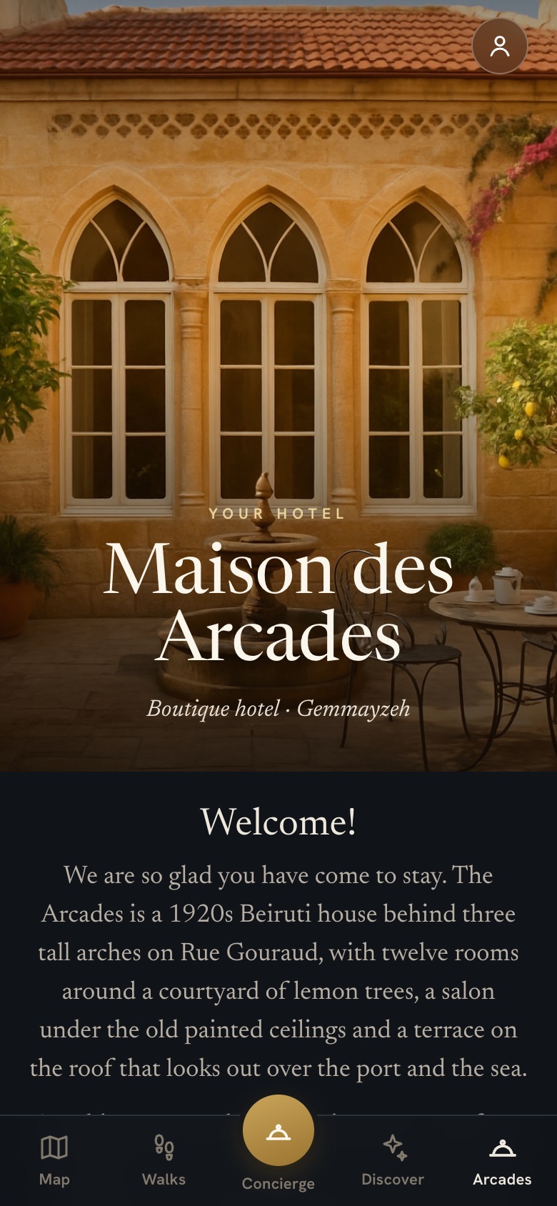 The hotel page, opened from the tab named after the hotel
