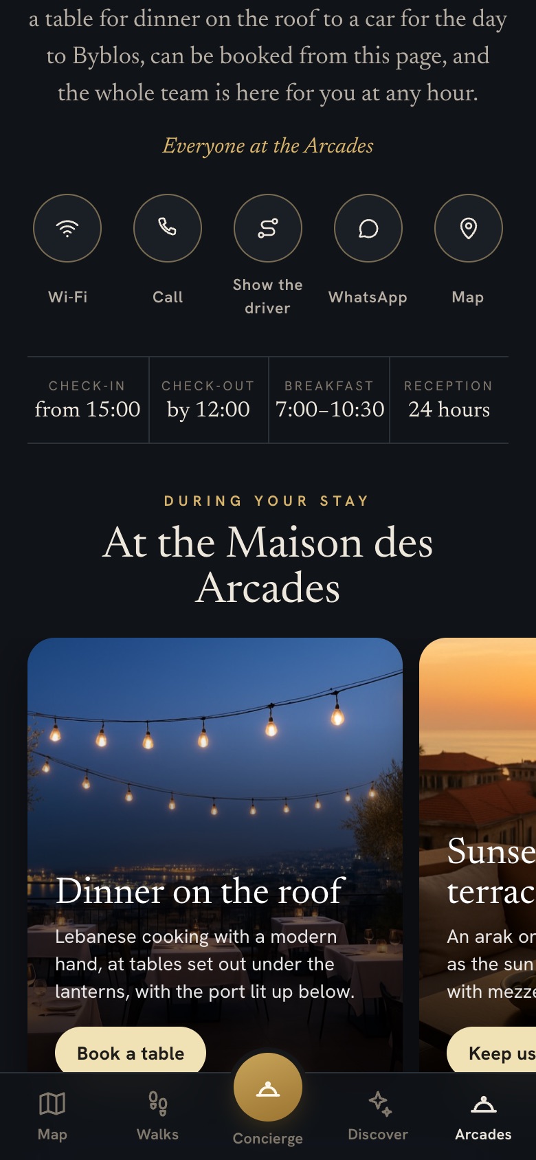 The hotel page, with Wi-Fi, the taxi card, WhatsApp, the times and the hotel’s offers