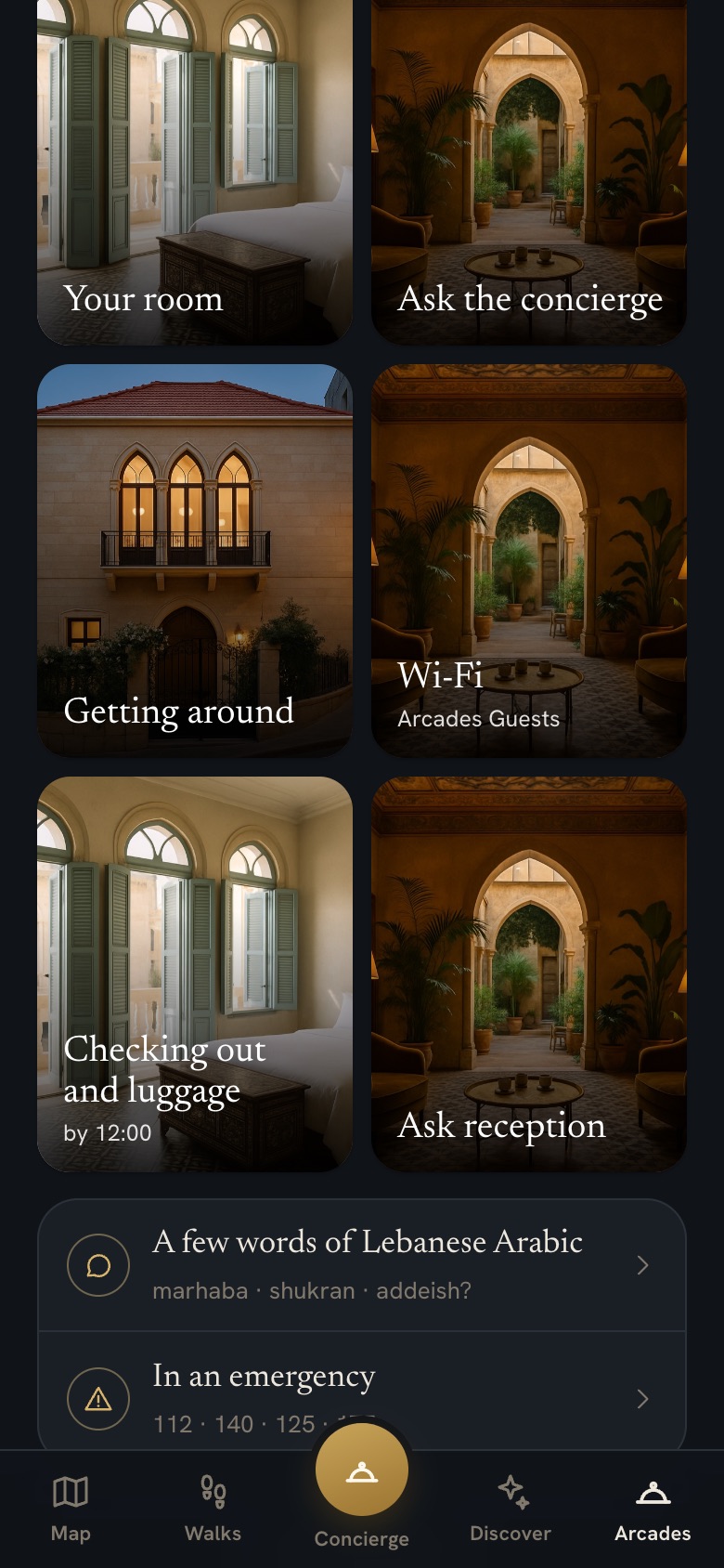 The sections of the hotel page, from the rooms to Wi-Fi, with Lebanese phrases and emergency numbers